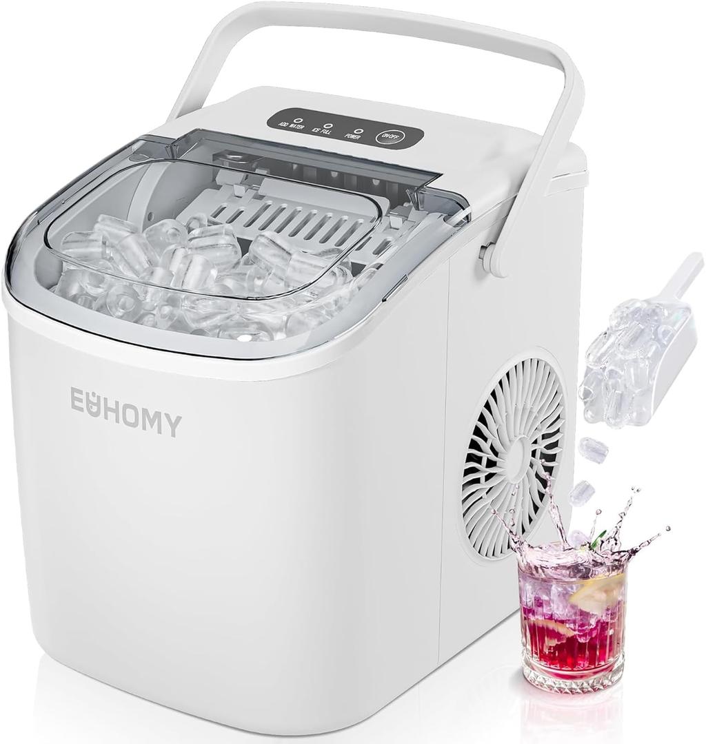 EUHOMY Countertop Ice Maker Machine with Handle, 26lbs Per Day, 9 Ice Cubes Ready in 6 Mins, Auto-Cleaning Portable Ice Maker with Basket and Scoop, for Home/Kitchen/Camping/RV (White) (11.57"D x 11.42"W x 8.74"H, White)