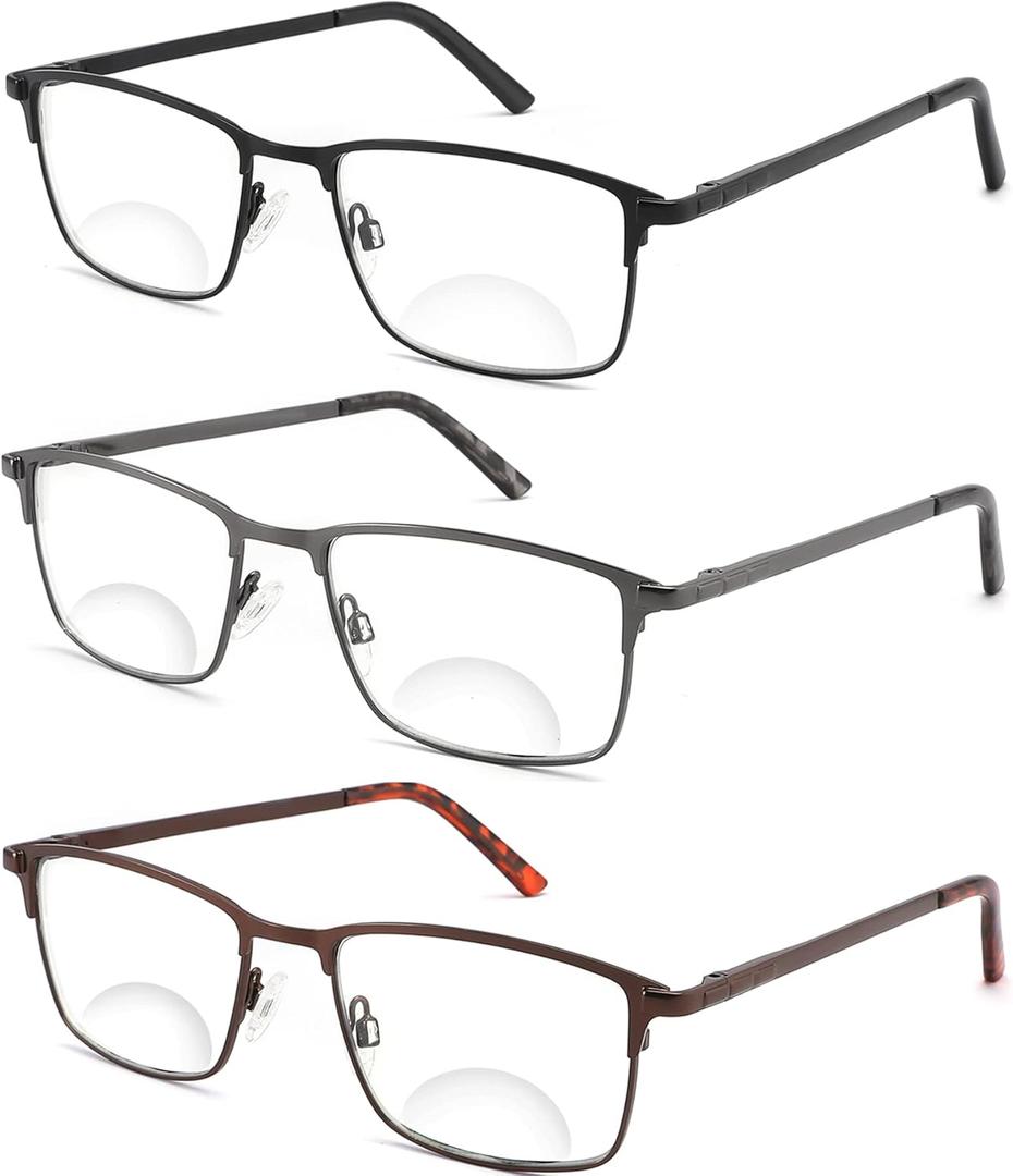 3 Pack Bifocal Reading Glasses for Men, Blue Light Blocking Computer Readers,Anti UV Ray/Eye Strain/Glare, Wide Metal Frame Eyeglasses with Pouches(175 Magnification Strength) (Black Gun Brown)