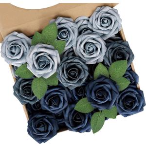 N&T NIETING Dusty Blue Fake Roses,50pcs Artificial Flowers Faux Flowers Fake Flowers for DIY Wedding Bouquets Centerpieces Floral Arrangements Home Decorations Shades of Navy Blue