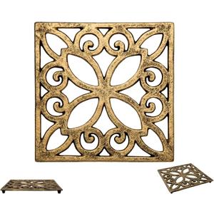 Comfify Decorative Cast Iron Trivet for Kitchen Or Dining Table | Square with Vintage Pattern - 6.5 x 6.5 | with Rubber Pegs/Feet - Recycled Metal | Vintage, Rustic Design | Gold with Black
