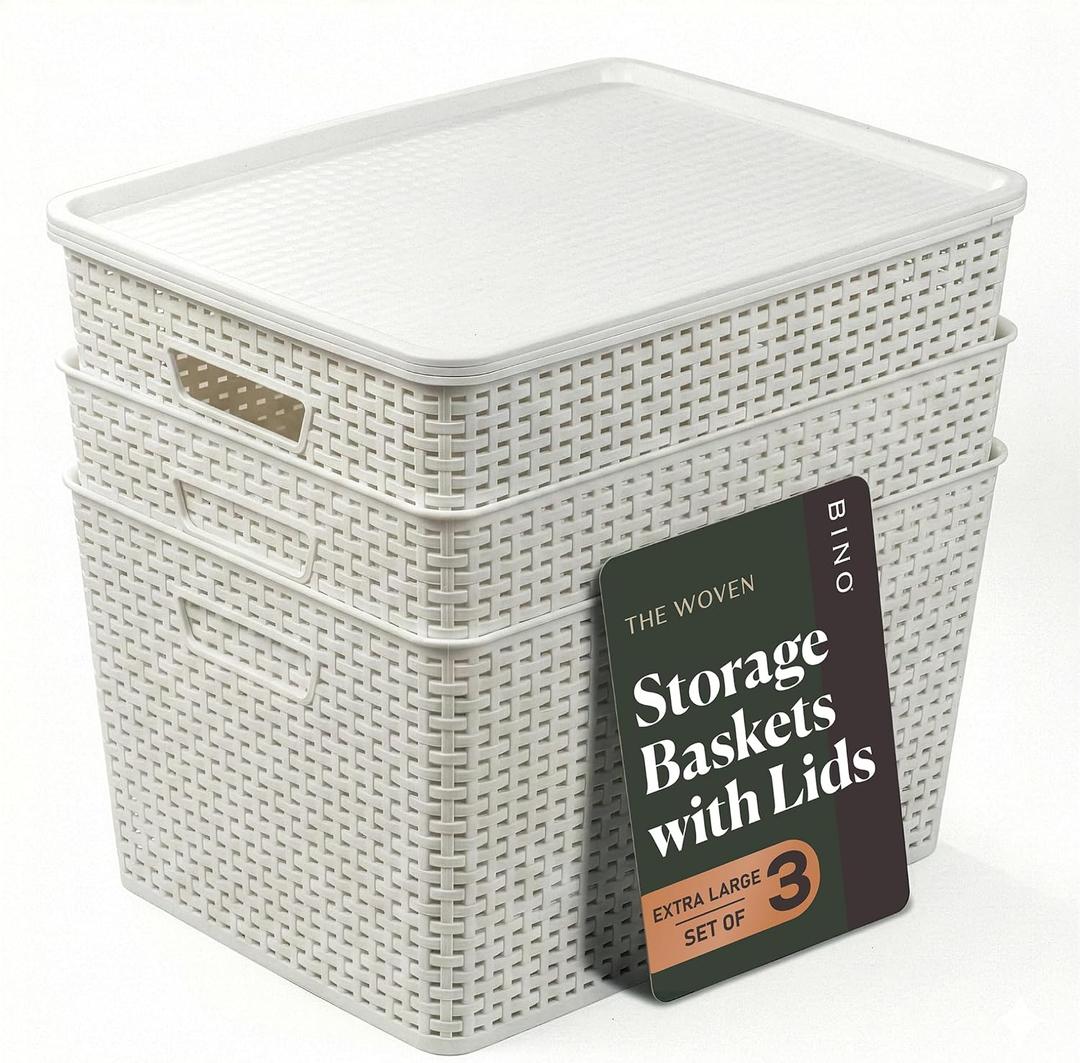 BINO | Plastic Storage Baskets with Lids, 33 Liter - 3 Pack, White | THE WOVEN COLLECTION | Storage Basket for Shelves | Woven Storage Baskets for Organizing Bins Pantry Shelf Organizer Container Bin