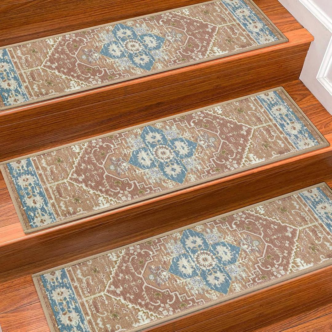 Stair Treads for Wooden Steps Indoor, 15 Pack 8" X 30" Non Slip Carpet Stair Treads with Reusable Adhesive for Kids Elders and Dogs, TPR Backing Stair Rugs Oriental Staircase Step Treads,Bohemia (Orange)