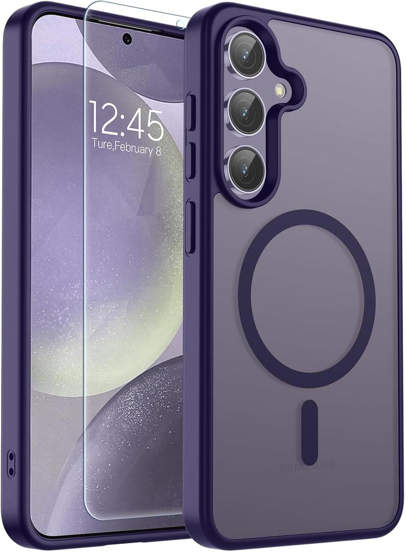 SUPFINE Magnetic for Samsung Galaxy S24 Case / S25 Case with Screen Protector, (Built-in Magnets) (Military Grade Drop Protection) Slim Translucent Shockproof Phone Case,Dark Purple