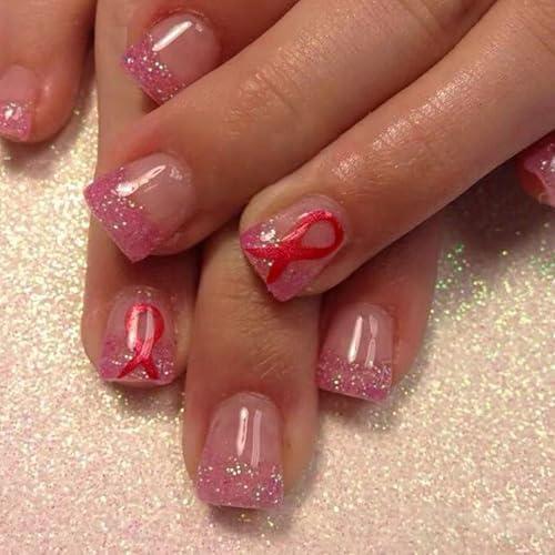 SWEKKE Pink French Tip Fake Nails - 24 Pcs, Short Square Shape, Pink Ribbon Designs, Glitter, Full Cover, Glossy Finish, Glue On, Acrylic Nails for Women & Girls,2 pcs