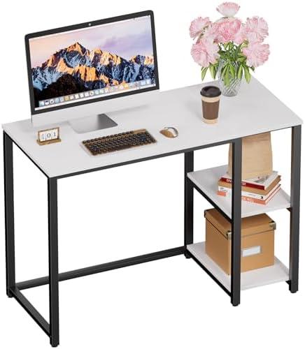 SINPAID Computer Desk 40 inches with 2-Tier Shelves Sturdy Home Office Desks with Large Storage Space Modern Gaming Desk Study Writing Laptop Table, Cream White