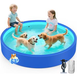 63" Drop-Stitch Foldable Dog Pool, Military-Grade Thickened PVC Dog Pet Bath Tub, Ultra-Rigid Collapsible Heavy Duty Kiddie Pool Doggie Pool for Small Medium Large Dogs (63"x 14" Blue)