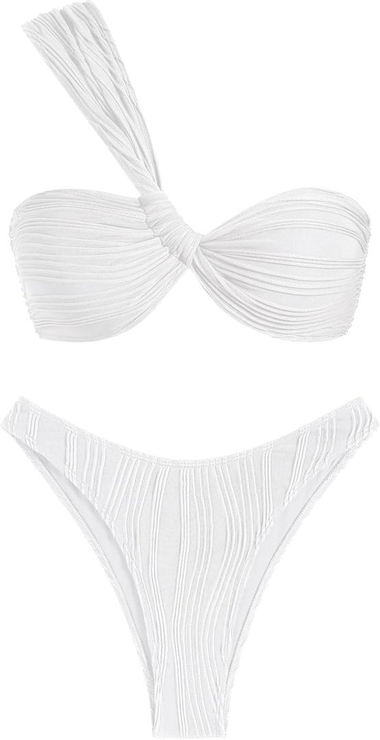 ZAFUL Women's One Shoulder Bikini Twisted Ruched High Cut Bandeau Bikini Set Two Piece Swimsuit (Medium, 2-white1)
