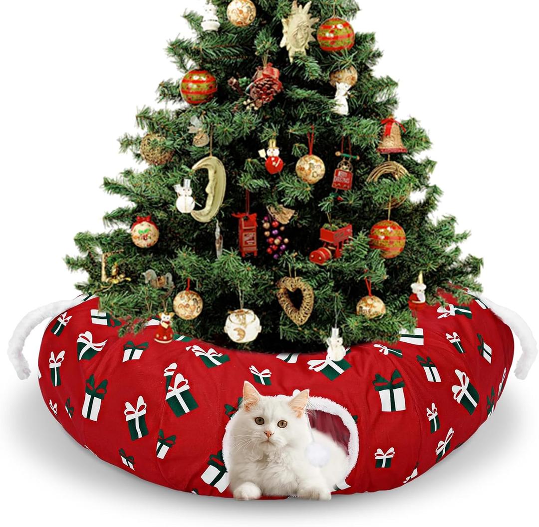 Cat Tunnel Bed 3ft x 3ft x 9.8 in Under Christmas Tree Cat Circle Tunnel Decorative Xmas Folded Cave for Small Animals Kitten Kitty Red Christmas Festive Felines Pet Gifts