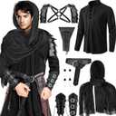 7 Pcs Men's Renaissance Costume Set Medieval Pirate Shirt Viking Shawl Belt Shoulder Armor Sword Bag Cosplay, M