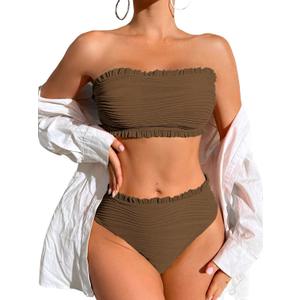 ZAFUL Women Strapless Bandeau Bikini Ruffle 2 Piece Swimwear Cheeky Solid Wave Lace up Bathing Suits (X-Large, 0-brown)