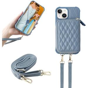 MONASAY Zipper Wallet Case Compatible for iPhone 15,Flip Leather Handbag Phone Cover with Card Holder&Detachable Crossbody Shoulder Lanyard Strap, Light Blue