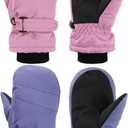 SATINIOR Kids Snow Mittens Waterproof Winter Ski Gloves Warm Thicken Snow Gloves for Girls Boys (5-8 Years, Pink,Purple)
