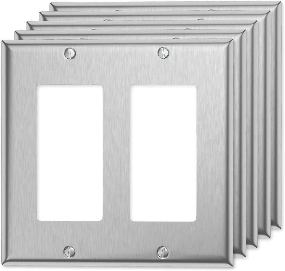 2 Gang Decorator Outlet Covers Double Switch Plate Metal Rocker Wall Plate, Stainless Steel Receptacle Outlet Covers for Light Switches, Dimmers, GFCI, Receptacle, USB Outlet, 5-Pack