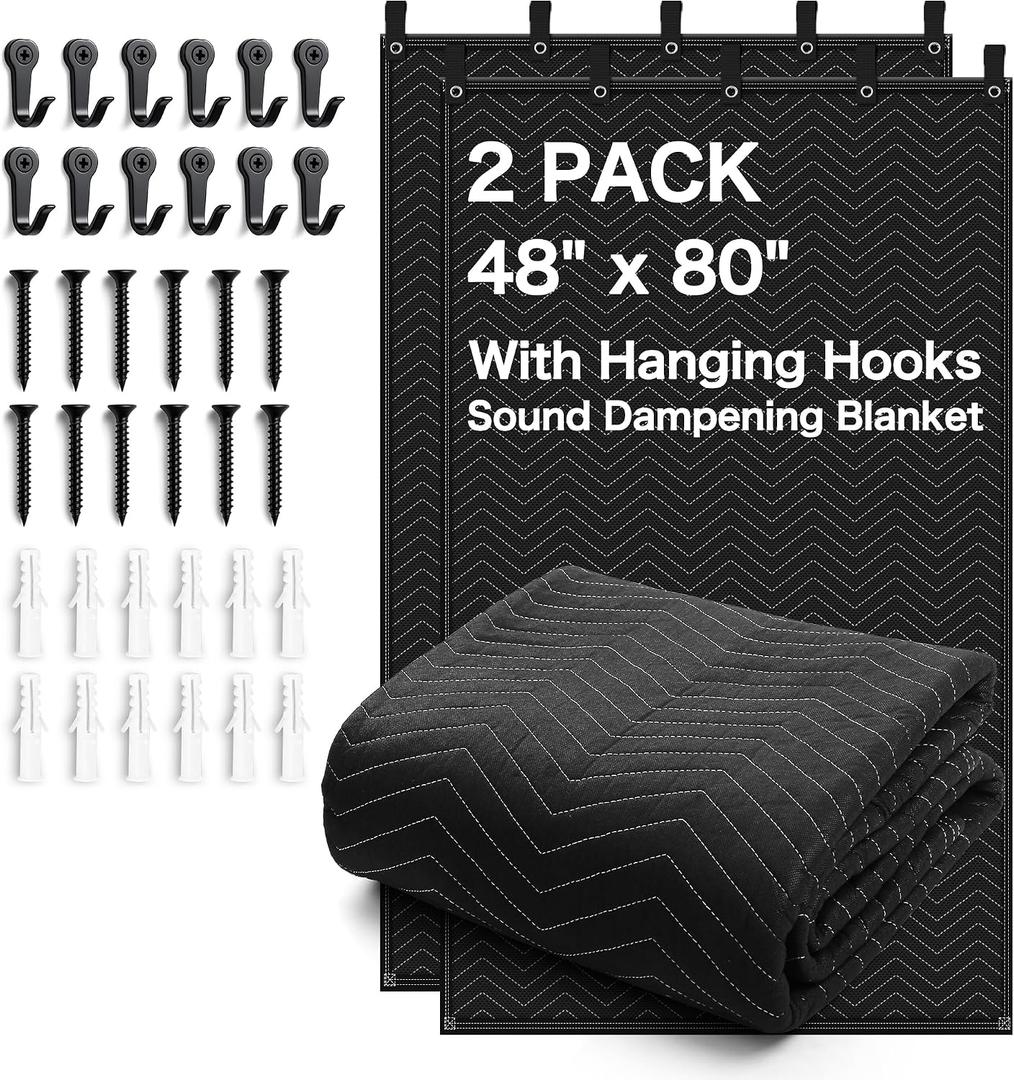 2-Pack Acoustic Moving Blankets, 48 x 80 in, Sound Dampening, 5 Hooks Included