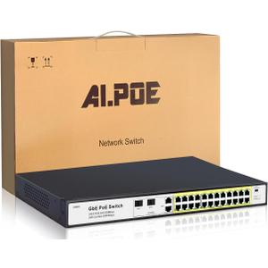 STEAMEMO 28 Port PoE Switch, 24 PoE+ Port@ 360W, 2 Gigabit Uplink, 2*1G SFP, 802.3af/at, Metal Casing 19-inch Rackmount, Overload Protection w/ Port, Unmanaged Plug and Play