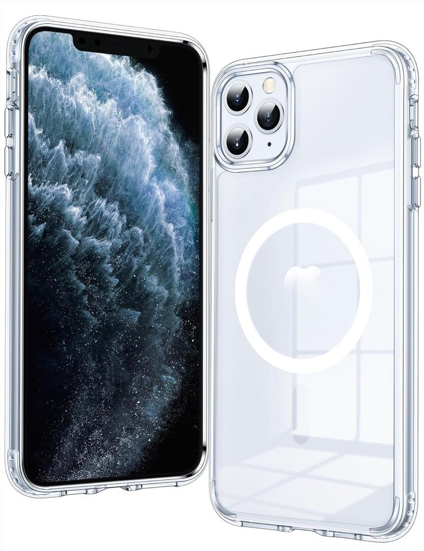FNTCASE for iPhone 11 Pro-Max Case: Clear Crystal Magnetic Anti-Yellowing Case - Protective Drop Protection & Shockproof Transparent Phone Cover (Clear)