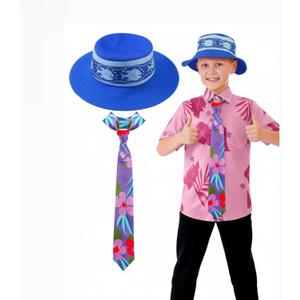 Halloween Zoo Fox Cosplay Costume, Hawaiian Printed Floral Tie, Blue Bucket Hat, One Size, Unisex for Cosplay Party