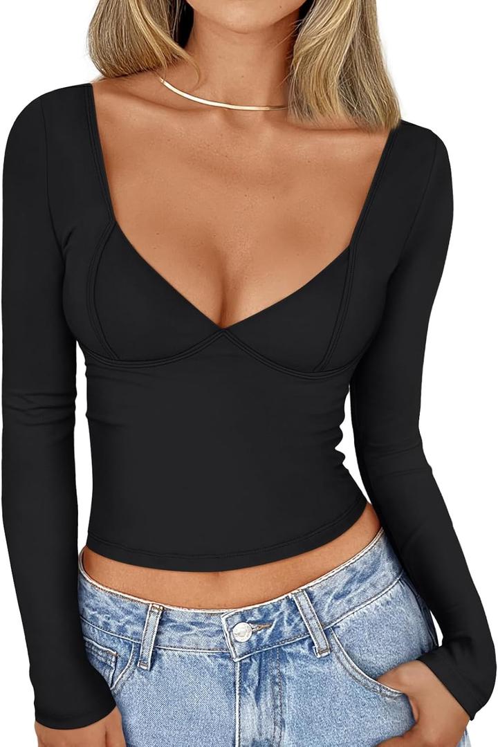 Trendy Queen Going Out Tops for Women Trendy Long Sleeve Shirts Fashion Clothing V Neck Basic Y2K Clothes Cute Shirt Corset (X-Large, Black)