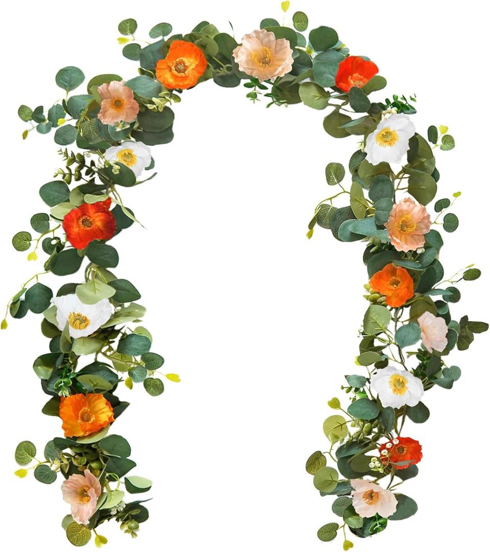 5.74 FT Artificial Poppies Flower Garland, Floral Garland Greenery Vines with Eucalyptus Hanging Flowers Vines for Home Wedding Mantle Table Outdoor Decor (Mixed Colors)