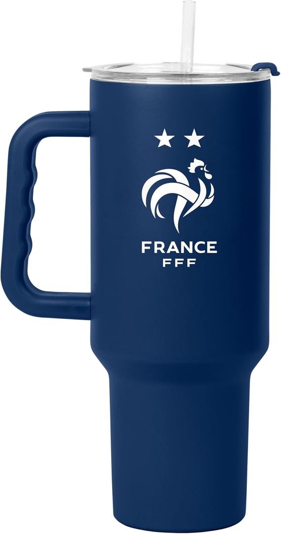 Logo Brands Soccer 40 oz Tumbler with Handle - Powder Coated-Stainless Steel with Straw  Leak-Resistant, Keeps Drinks Cold  Everyday Use  Great For Soccer Fans (France)