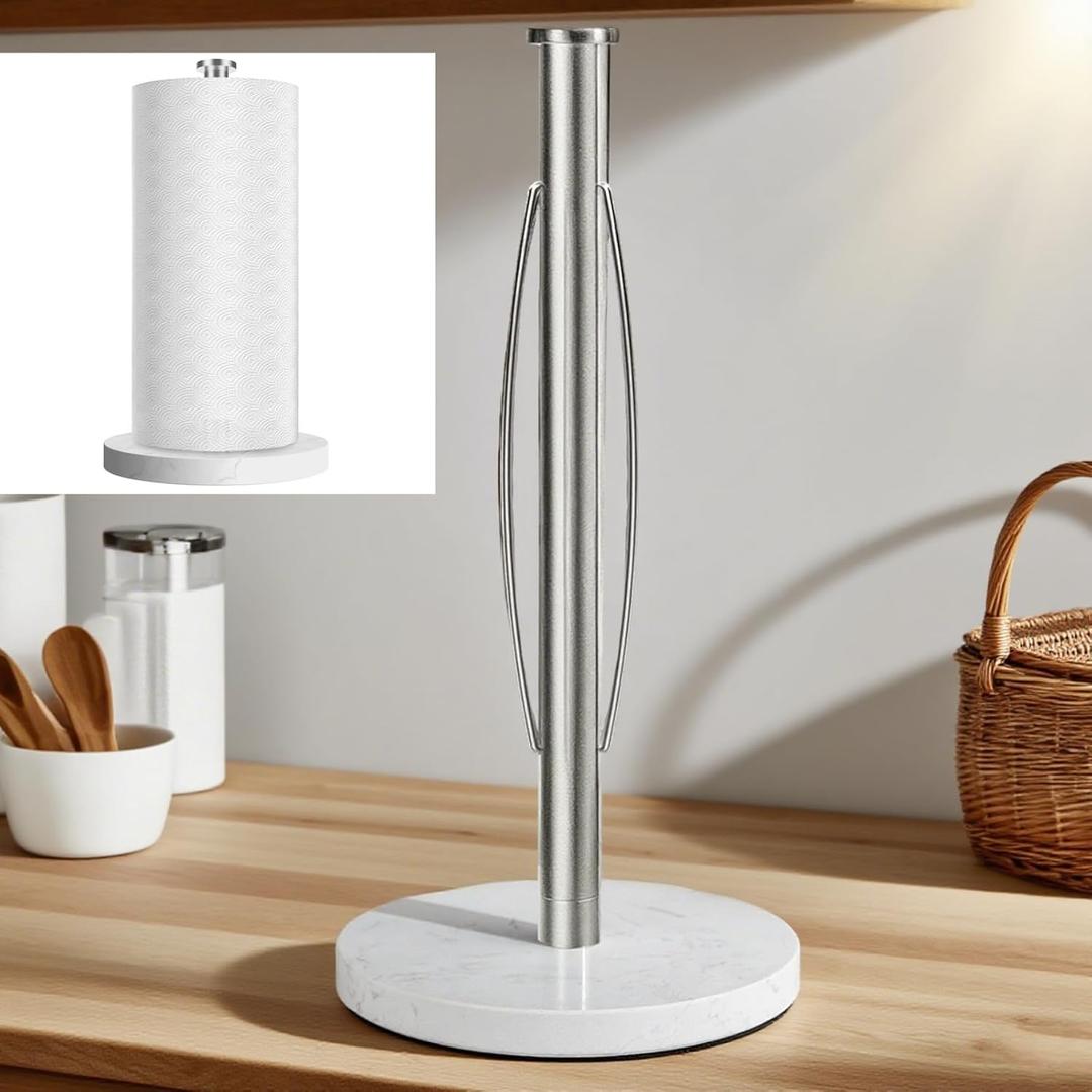 ZUNTO Paper Towel Holder Countertop, Freestanding Paper Towel Holder with Non-Slip Weighted Base for One-Hand Tear, Paper Towel Roll Holder for Kitchen Bathroom, White Marble Base