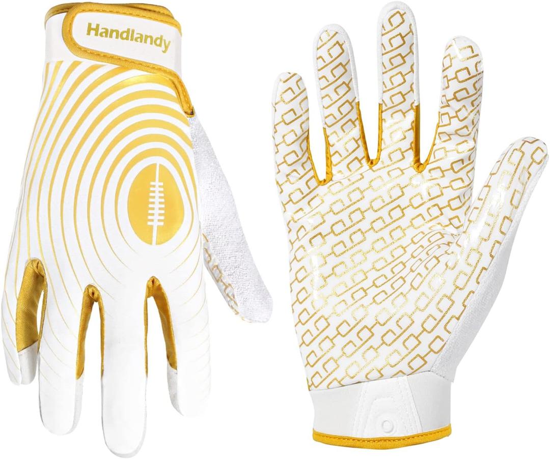 HANDLANDY Youth Football Gloves, Kids Sticky Receiver Gloves,Super Grip Football Glove Best Gift for Boys,Girls (X-Small-Youth, White and Gold)