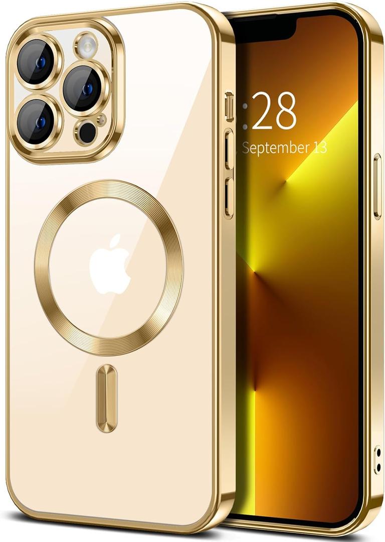 Hython Magnetic Clear for iPhone 13 Pro Max Case with Camera Lens Protector [Compatible with MagSafe] Plating Edge Slim Soft TPU Cover Protective Phone Case for iPhone 13 Pro Max 6.7", Gold