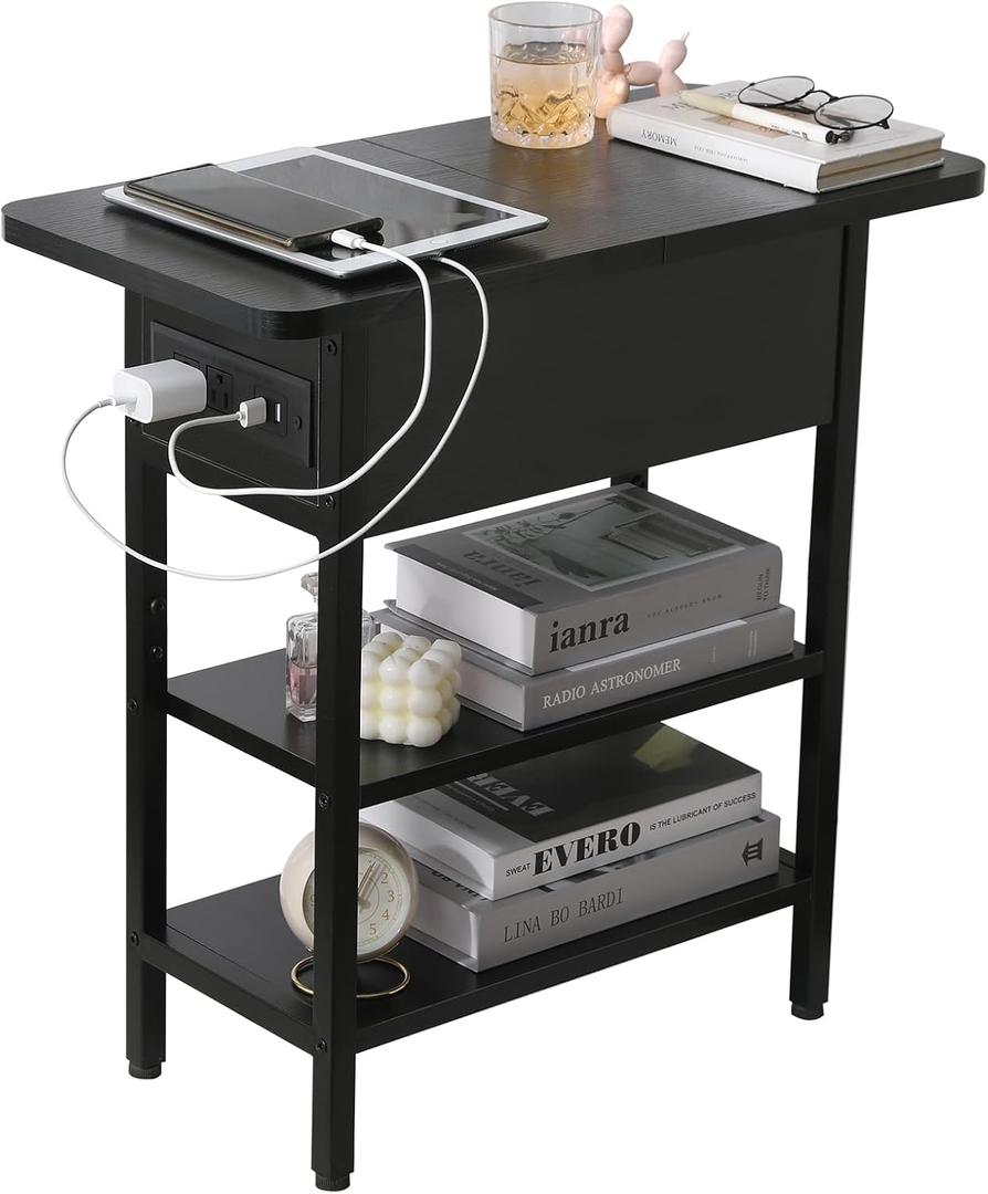 Modern End Table with Charging Station, Narrow Side Table with USB Ports & Outlets, Flip-Top Nightstand with Storage Shelf, Small Bedside Table for Living Room, Bedroom, Small Space, Black (T60-30br)