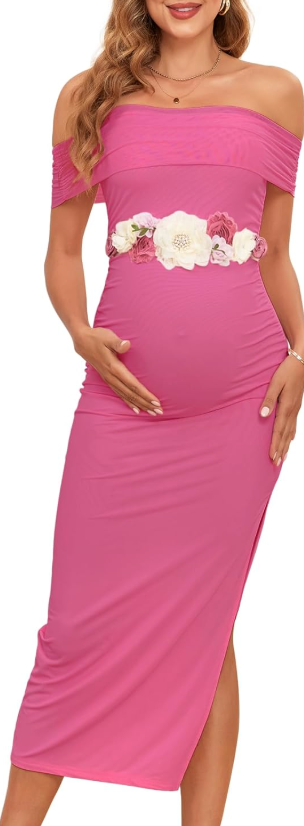 Maternity Mesh Split Dress Off The Shoulder Ruched Bodycon Pregnancy Dresses Baby Shower Photoshoot, Without Belt, Hot Pink, Small