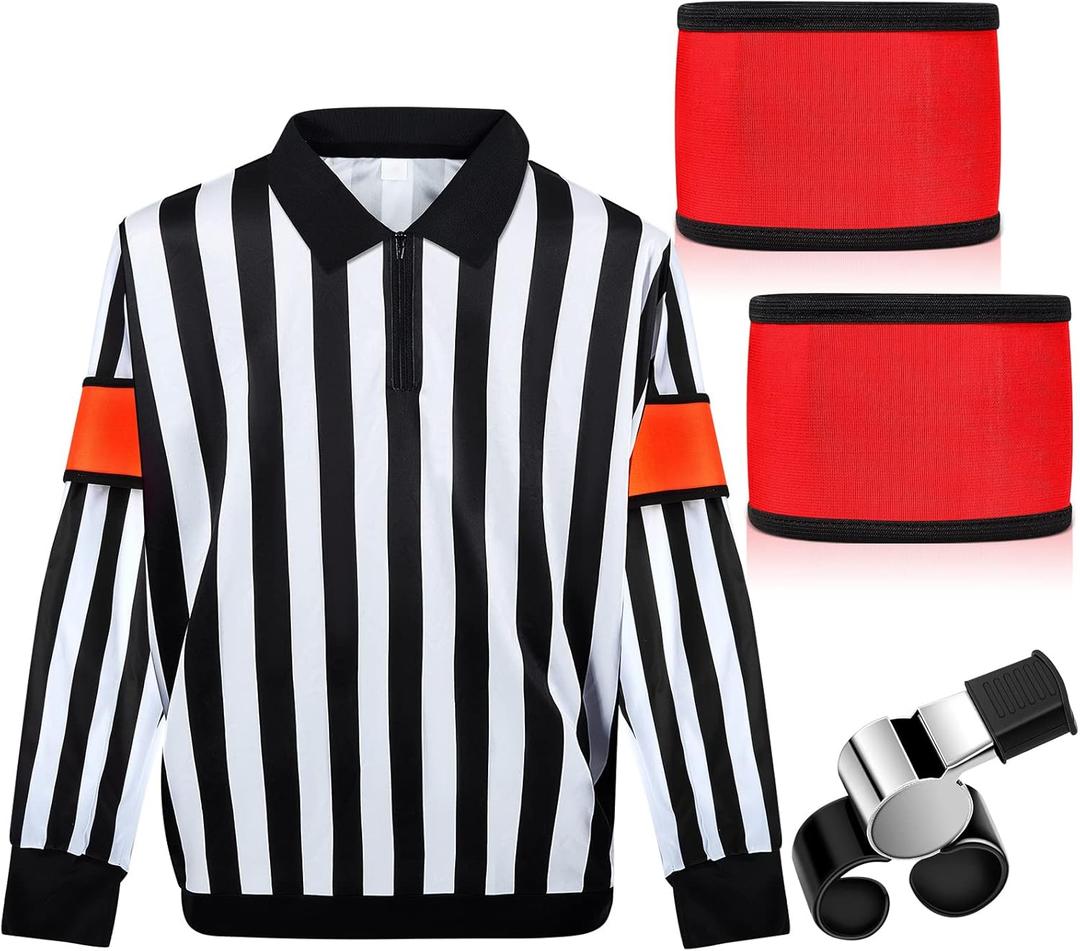 Hicarer Ice Hockey Long Sleeve Striped Referee Shirt Men's Official Referee Costume Orange Red Armbands Finger Grip Whistle S