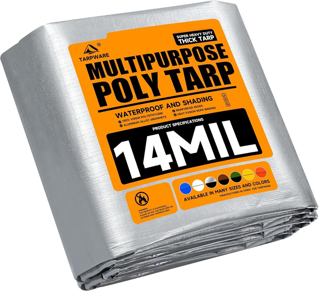 12'x16' Silver/Black Heavy Duty Waterproof Full Size Tarp, Durable Poly Tarpaulin with Grommets&Reinforced Edges, UV Resistant Tarp Cover for Vehicle/Pool Cover/Boat/Tent/Construction site