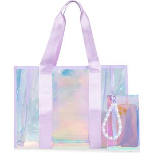 Large Iridescent Clear Tote Bag for Women - 26L Waterproof Sandproof Beach, Vacation, Holiday, Travel, Swimming, Pool, Cruise, Boat Bag With Zipper Pouch, Jacquard Strap