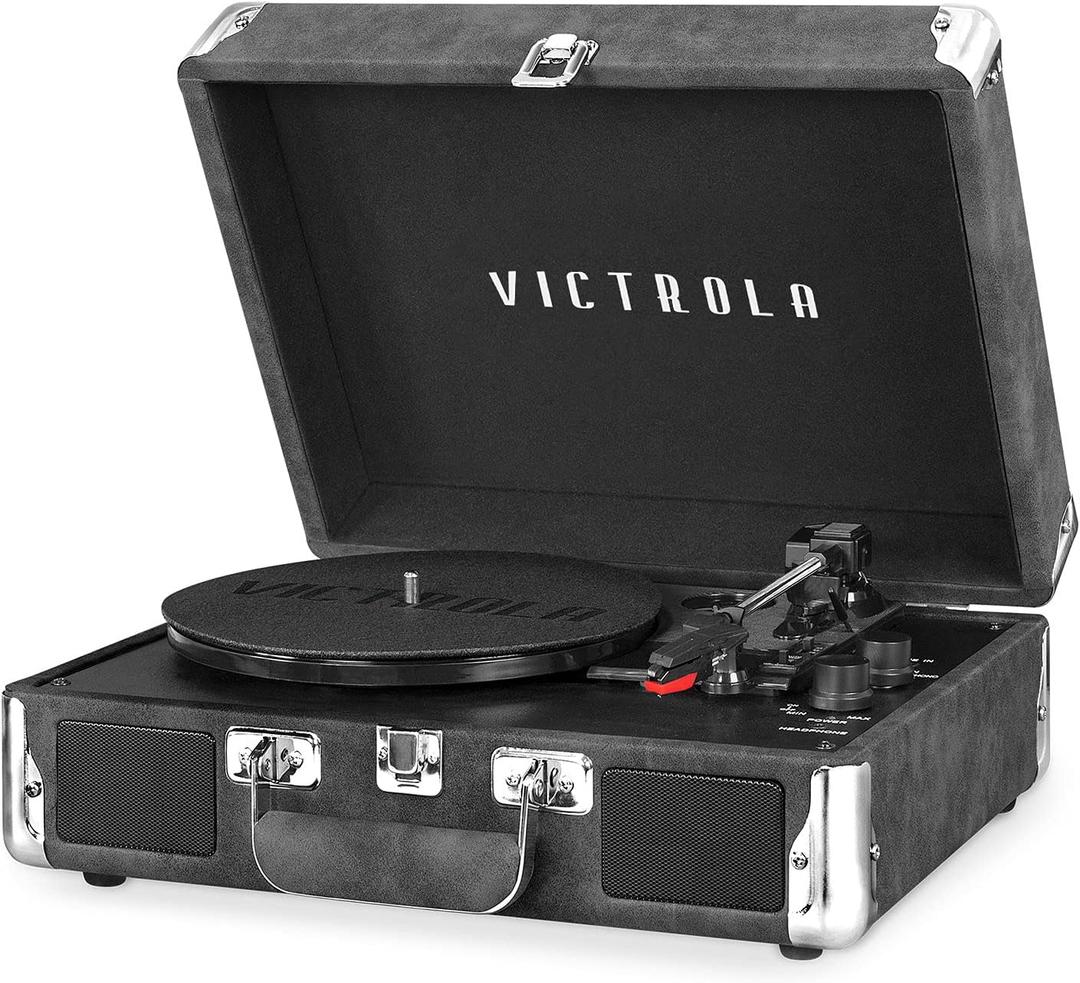 Victrola Journey Bluetooth Portable Suitcase Record Player  with Built-in Speakers, 3 Speed Vinyl Record Player, RCA Out, Headphone Jack (Gray)