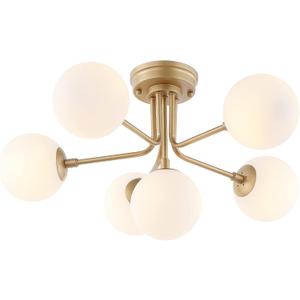 JONATHAN Y 24" Brass Gold Parisian 6-Light Globe Modern Industrial Iron Bistro LED Semi Flush Mount, Ceiling Light with White Frosted Glass Shade for Kitchen Bedroom JYL9542A, 24.0 in