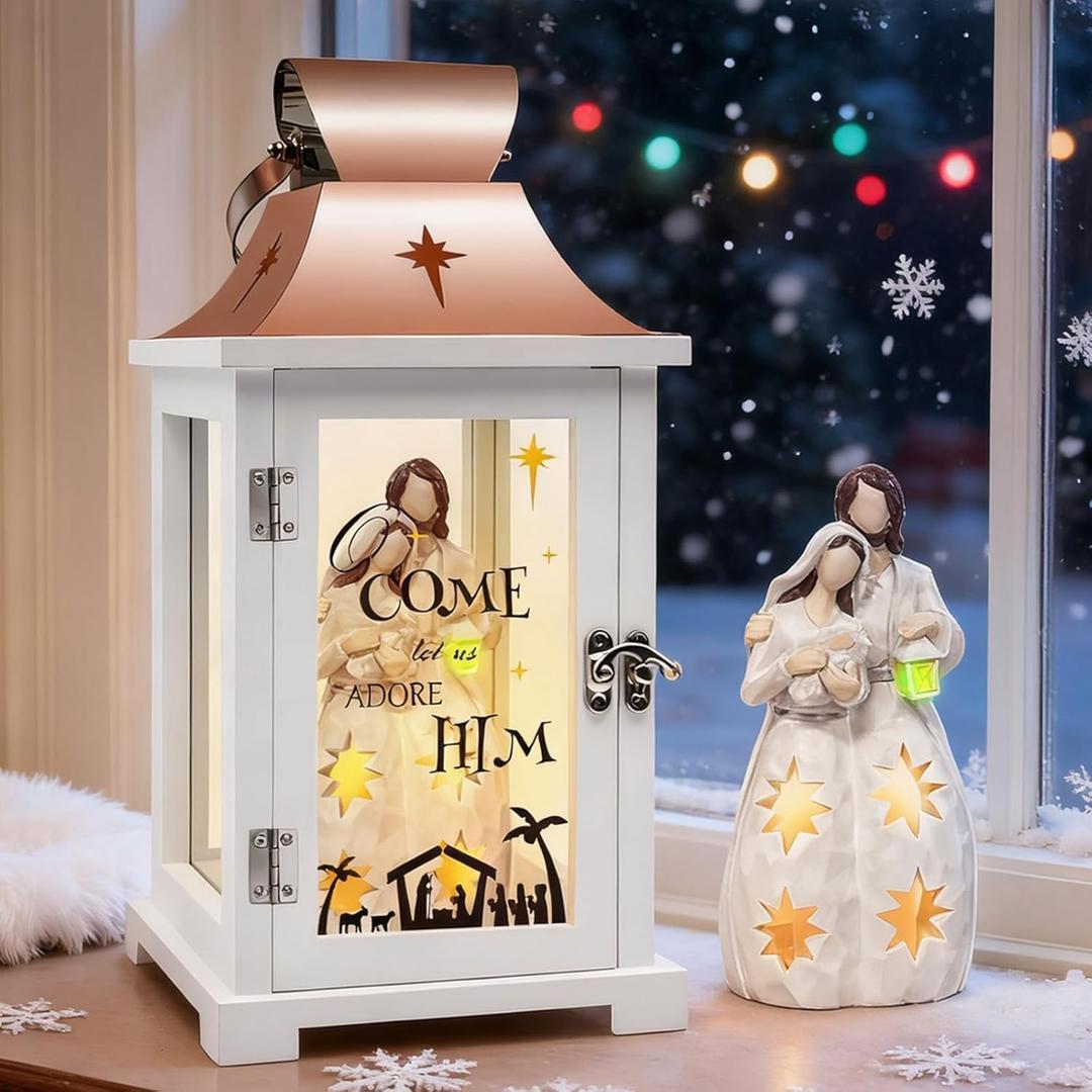 Christmas Nativity Set for Table Centerpieces, 15.1" Tall Nativity Christmas Lantern for Party Decor, Hanging Candle Lantern for Xmas Home Dcor Indoor, Resin Nativity Figurine for Xmas Gift