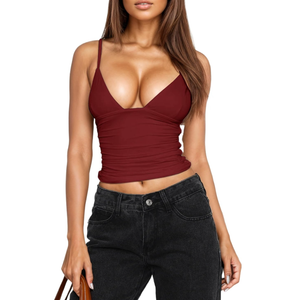 SUUKSESS Sexy V Neck Ruched Tank Top for Women Sleeveless Backless Crop Top Sexy Spaghetti Strap Going Out Cami Tops, M