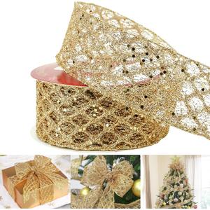 HUIHUANG Gold Glitter Diamond Wired Ribbon 2-1/2" Gold Christmas Ribbon for Christmas Trees, Bows Making, Wreath Supplies, Garlands, Home Decor, Crafts -10 Yards