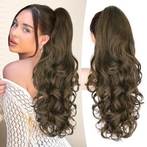 ALXNAN Claw Long Wavy Ponytail Extension,24 Inch Curly Pony Tail Clip in Hair Extensions for Women,Light Chestnut Brown Clip on Pony Tails Hair Extensions