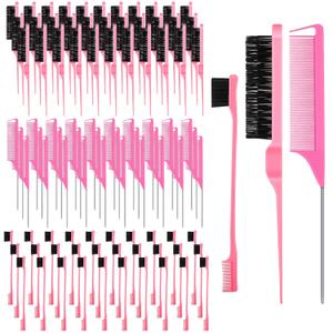 90 Piece Hair Styling Set: 30 Teasing Brushes, 30 Rat Tail Combs, 30 Edge Brushes for Women, Babies, and Kids - Pink