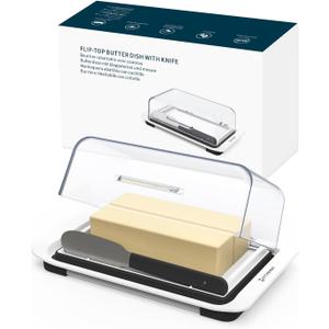 KITCHENDAO Airtight Flip-Top Butter Dish with Lid and Knife Spreader for Countertop and Refrigerator, Butter Keeper, Plastic Butter Holder Tray for 2 Sticks East Coast/ West Coast/ Kerrygold Butter