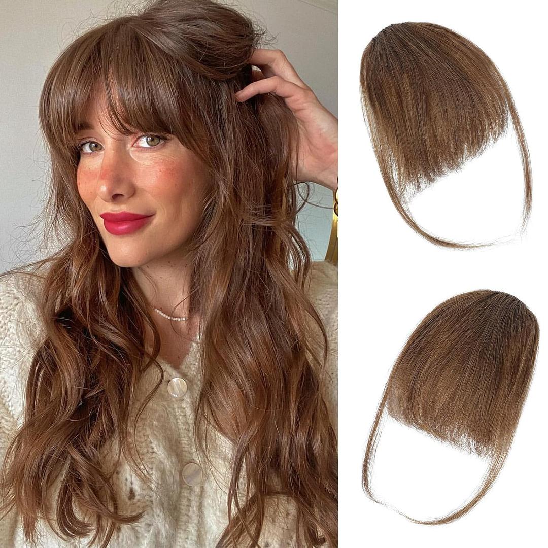 Lommel Clip in Bangs,100% Real Human Hair Wispy Fake Bangs Hair Clip for Women Medium Brown Natural Curtain Fringe with Temples Hairpieces for Daily Wea and Various festivals(Medium Brown)