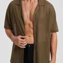 HISDERN Mens Sheer Shirts Brown Short Sleeve Casual See Through Lace Shirt Collared Fishnet Beach Mesh Shirt Men's Summer Button Down Sexy Top (L)