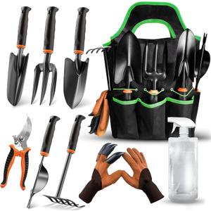 LEDERA Garden Hand Tools for Gardening 10 PCS: Garden Tools Set, Heavy Duty Gardening Tools Outdoor, Gardening Tools Gifts for Women, Gardening Gloves, Rake, Shears, Weeder, with Tool Bag, Green