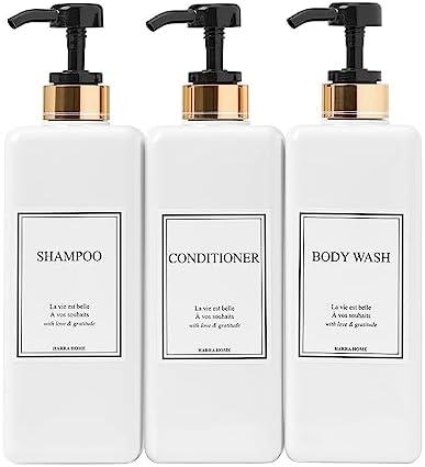 HARRA HOME Modern Gold Design Pump Bottle Set 27 oz Refillable Shampoo and Conditioner Dispenser Empty Shower Plastic Bottles with Pump for Bathroom Lotion Body wash Massage Oils, Pack of 3 (Black)