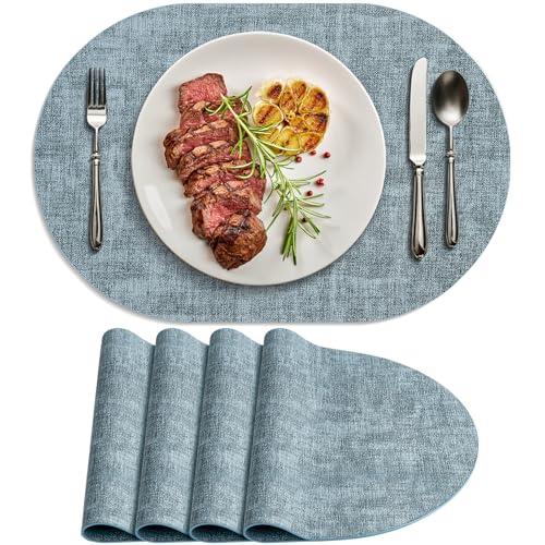 BARTHKIT Placemats for Dining Table Set of 4 Non-Slip, Heat Resistant Oval Leather Placemat Double Layer, Waterproof Table Mats Easy to Clean for Kitchen Dining Room Coffee Office Table, Light Blue