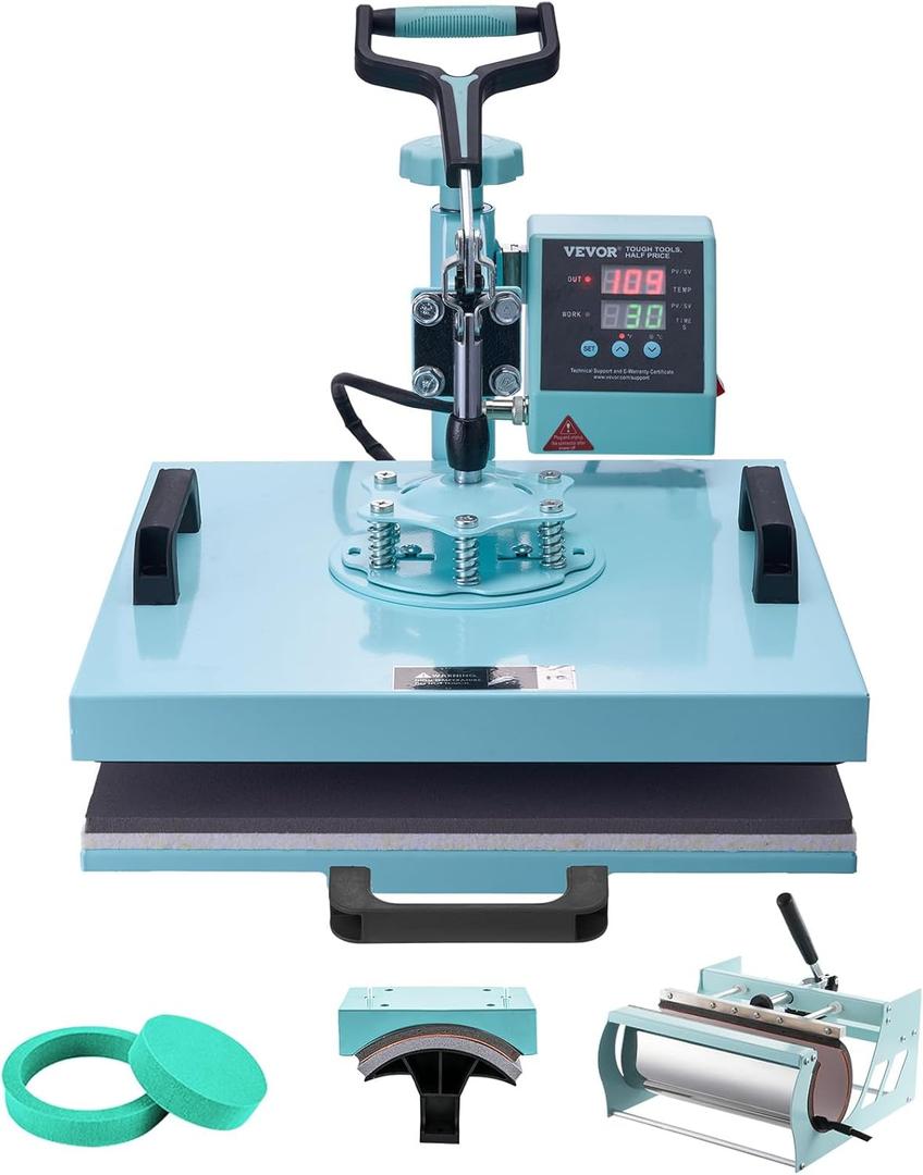 VEVOR Heat Press 15x15 inch, 5 in 1 T-Shirt Cap Hat Mug Press, Combo Tumbler Heat Press for plate Sublimation, Green