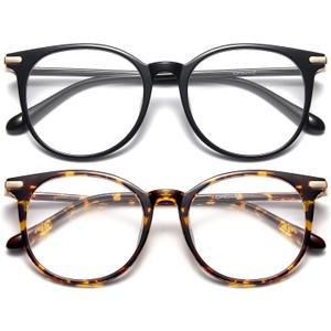 Gaoye 2 Pack Blue Light Blocking Glasses, Retro Round Eyewear Frame Anti Eyestrain Computer Glasses for Women Men - GY1688 (Black+Tea Leopard)