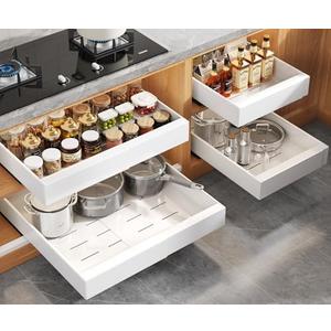 Seinloes 4 Pack Expandable Pull Out Cabinet Organizer 21"Deep With Raising Pad for Framed Cabinets,Upgrade 3 Slide Rails Slide Out Drawers,No Drill Roll Out Shelves,Adjustable Width 12.1"-20.4" White