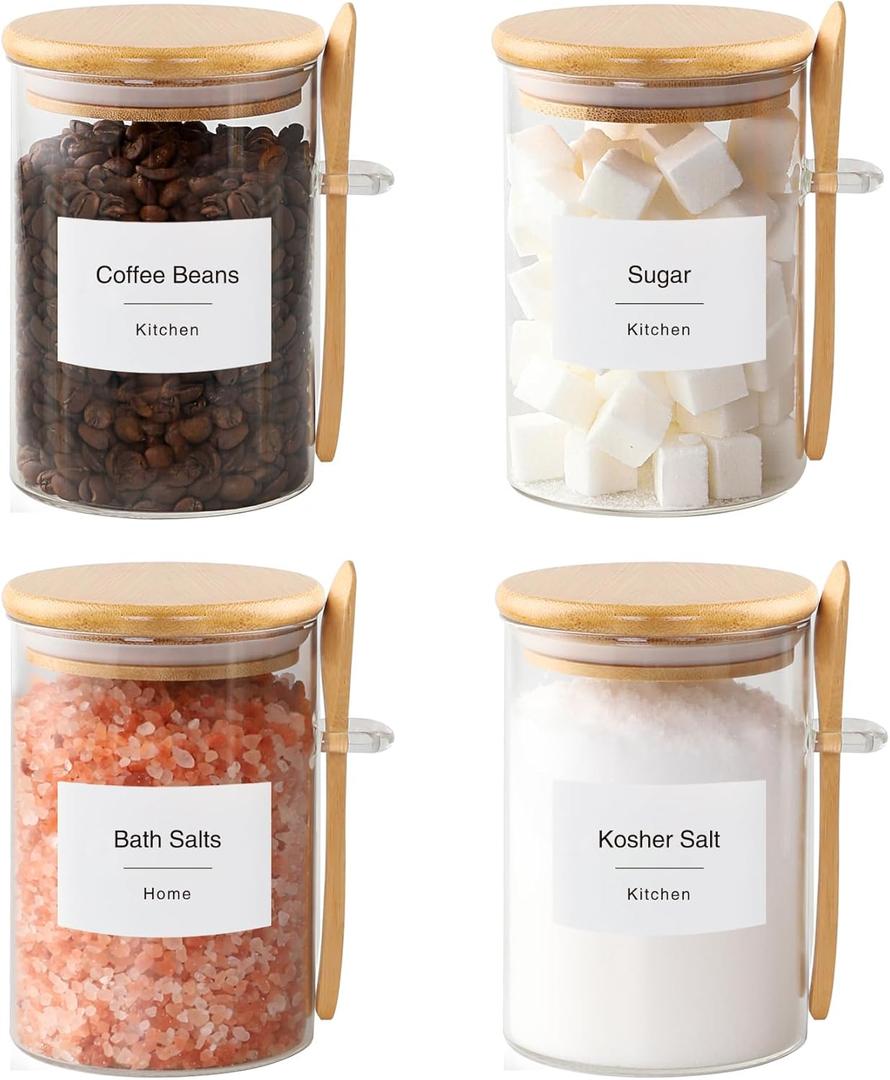 TIPGO Sugar Jar Bath Salt Container 17 oz Glass Jar with Bamboo Lid and Spoon, Sugar Cube Holder and Canister for Countertop, Glass Containers for Coffee Beans, Tea and Overnight Oats (4 Pack)