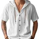 QOSOQ Men's Cotton Linen Shirts Short Sleeve Casual Sweatshirts Button Down Summer Beach Wedding Shirts with Hoodies (3X-Large, White)